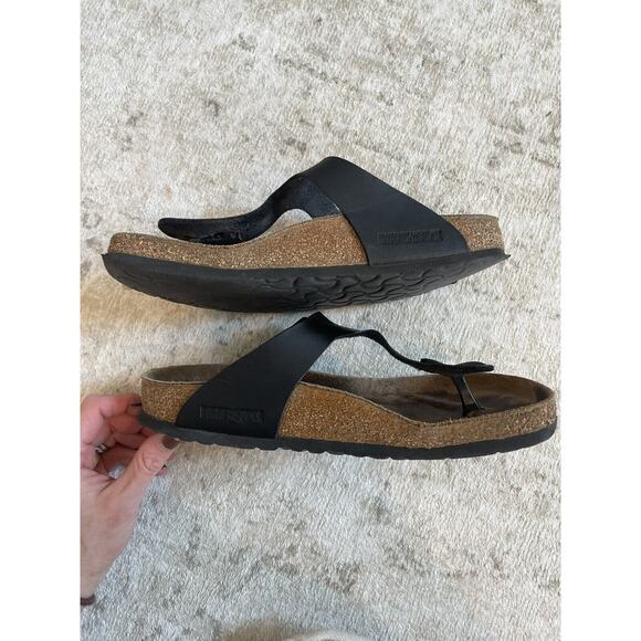 Birkenstock Size 39 Gizeh Birko Flor Sandals Black Leather Buckle Preloved - Picture 5 of 8